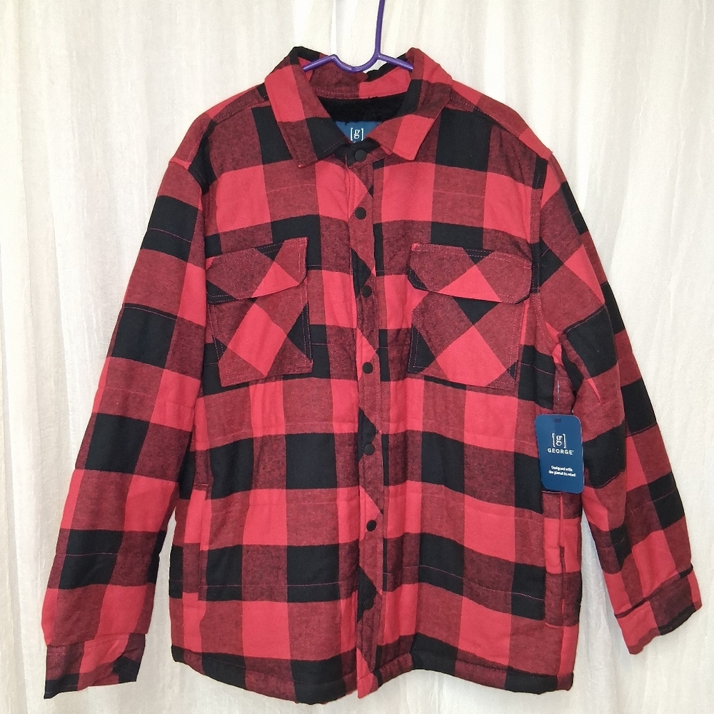 George Men's New Red and Black Checkered Shirt Jacket Long Sleeves Sz XL - Picture 7 of 16